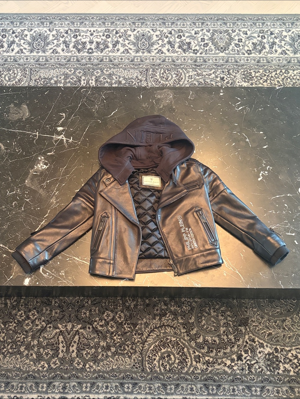 Philipp Plein Kids Black Quilted Faux Leather Hooded Jacket
